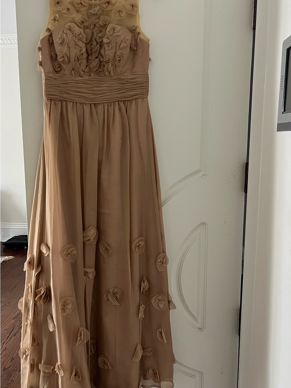 JS Collections Champagne/Tan Floral Appliqué Maxi Dress
